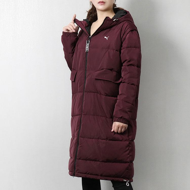 Puma Solid Color Mid-Length Hooded Cotton Coat Winter Women Coats Burgundy 577708-22