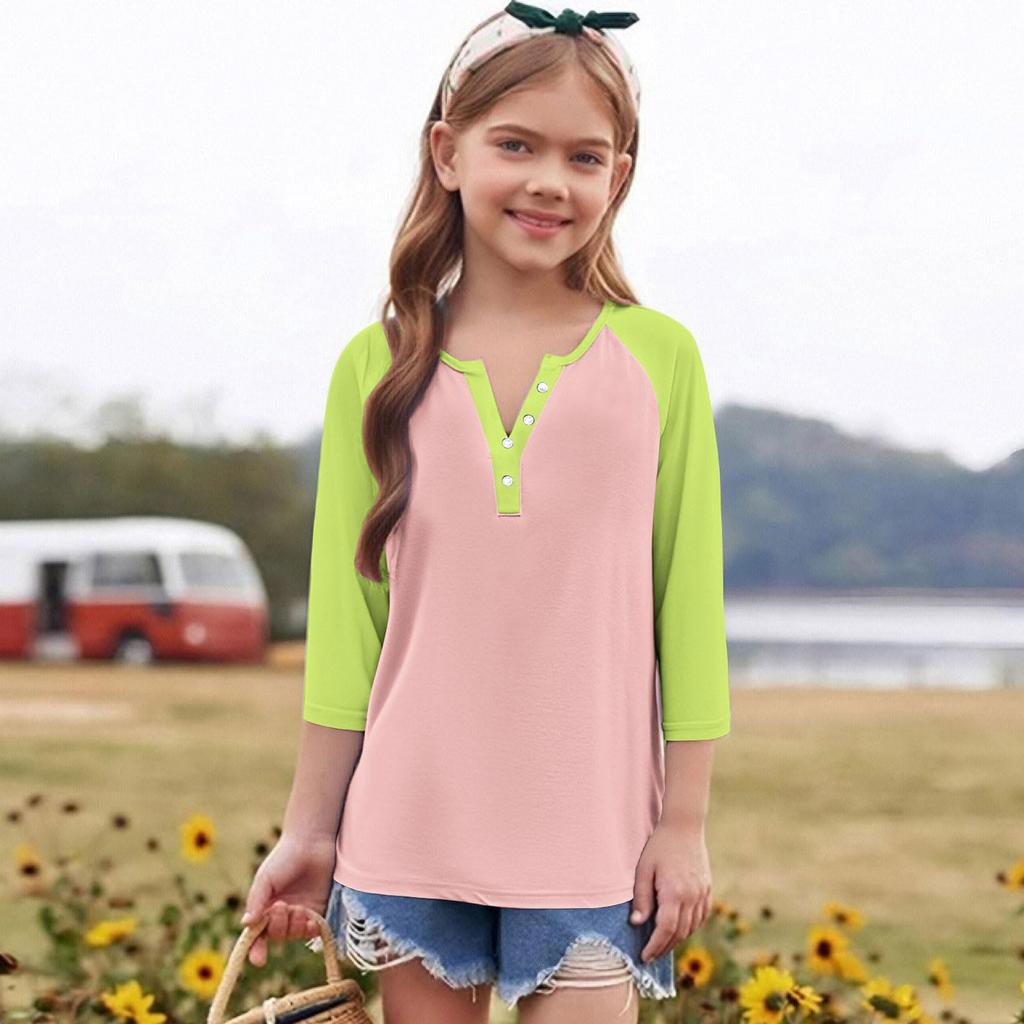 Print Tops For Youth Girls Round Neck 3/4 Sleeves T-Shirts Trendy Tops Outfit Tees