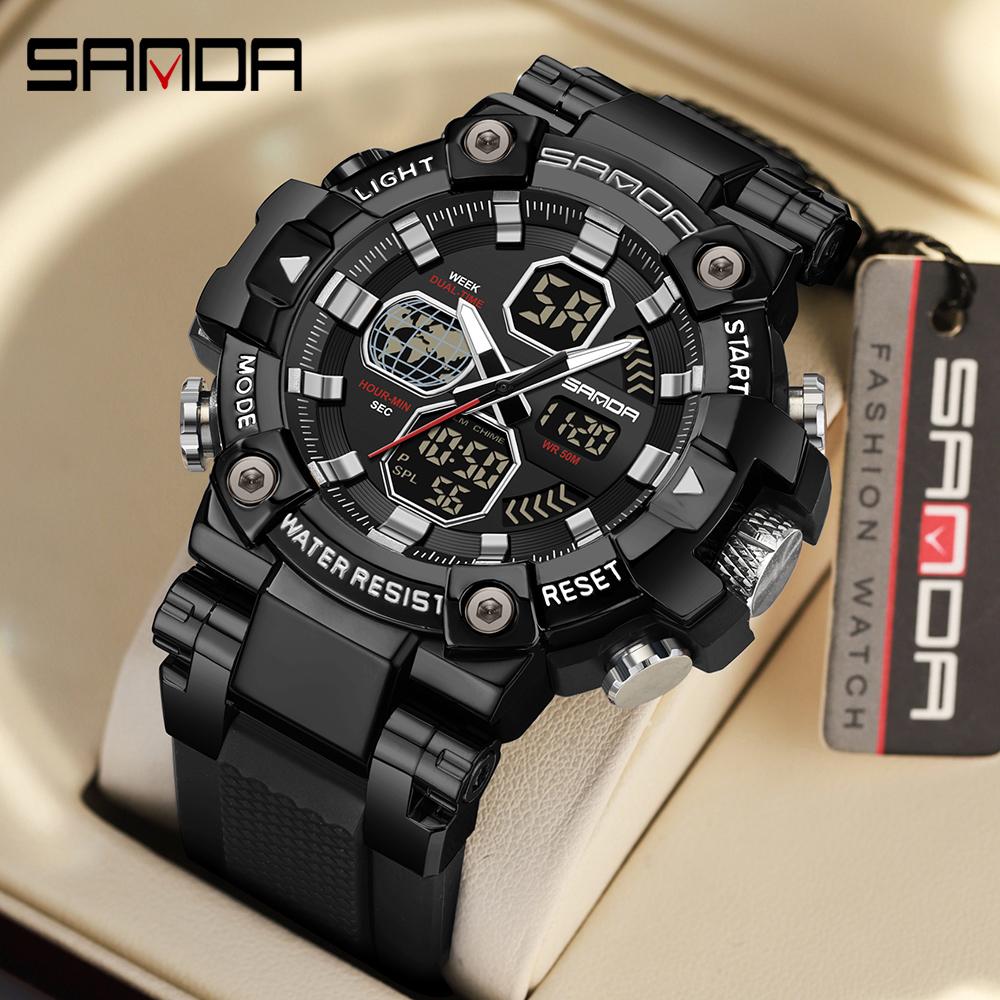 SANDA 3369 Luxury Fashion Men's Electronic Watch Sport Multi Functional Waterproof Night Light Men's Electronic Watch