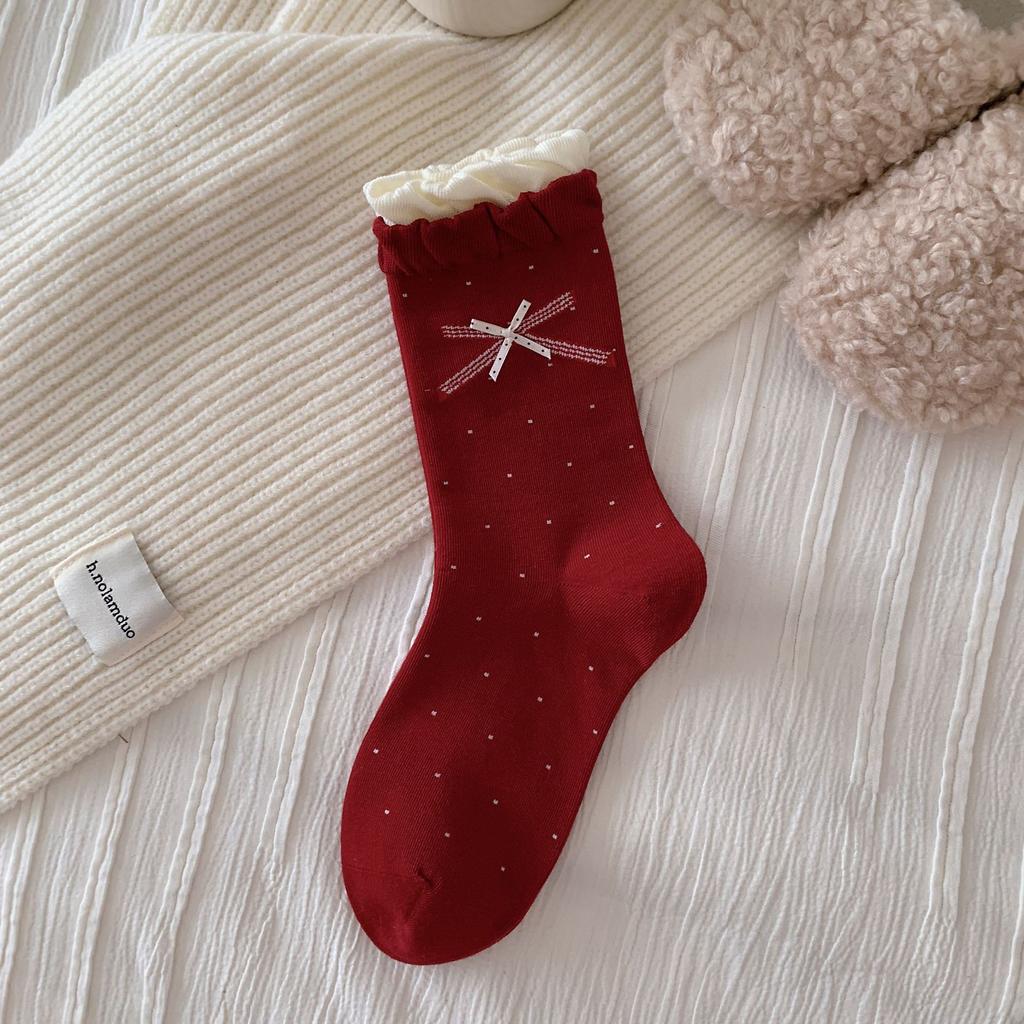 New Year'S Big Red Socks New Year Cloth Label Boneless Socks Embroidered Letter Bow Socks