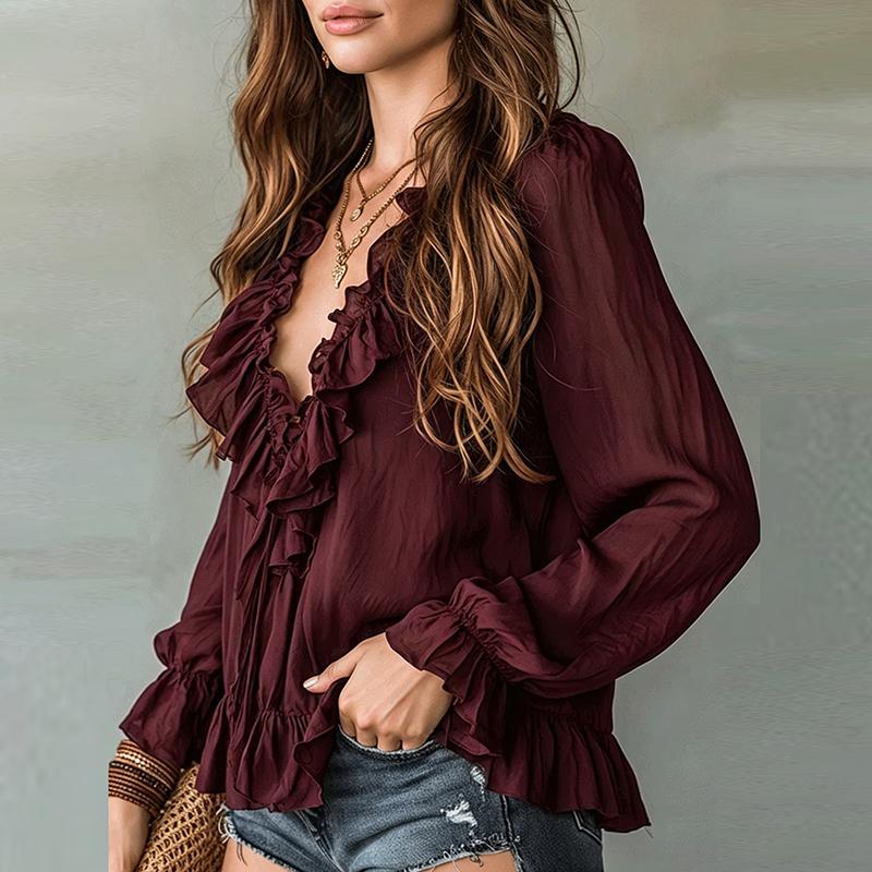 Elegant Women Long Sleeve Blouses White Ruffle Solid Color V Neck Casual Daily Blusas Spring Autumn Shirts Office Lady Tops