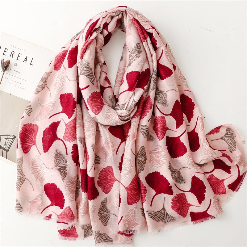 

Vibrant Bohemian Ginkgo Biloba Floral Chic Scarf -Fashion Scarves With Multicolor Print, Thin Breathable Cotton Blend, Windproof