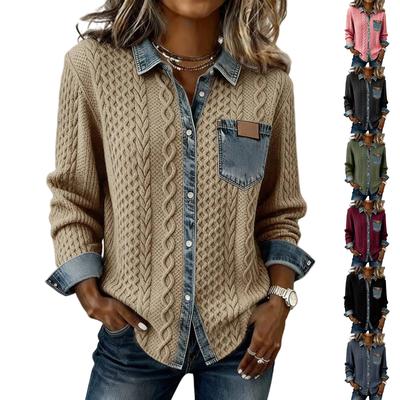 Chaqueta tipo cárdigan de manga larga de mezclilla con patchwork de punto para mujer