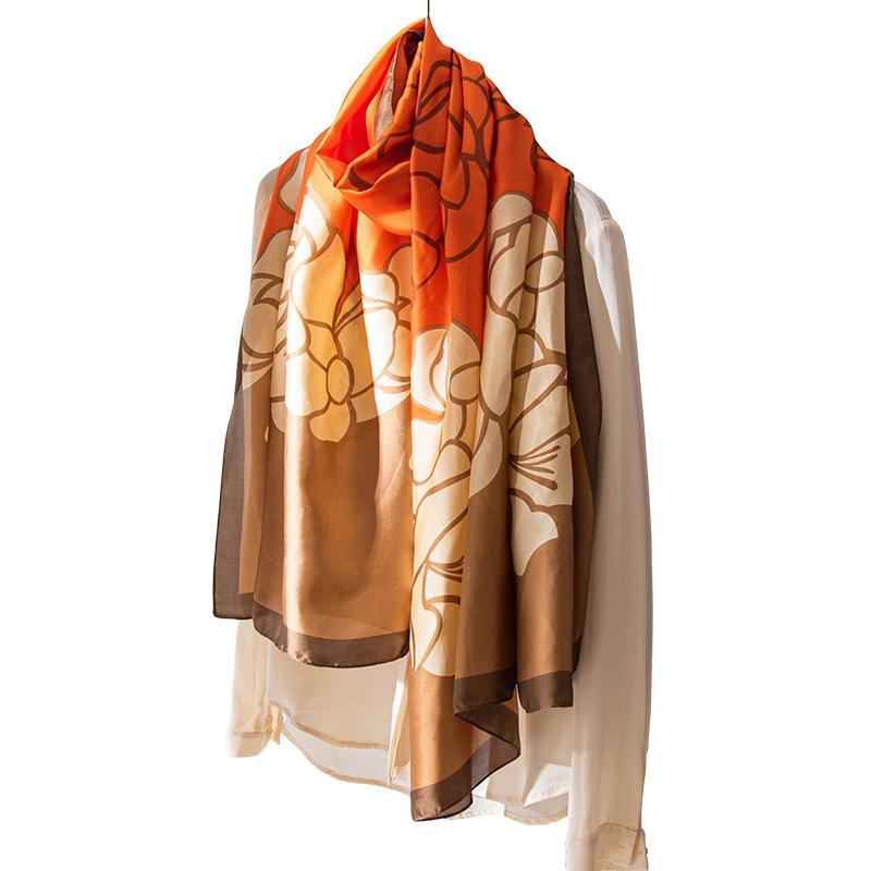 Temperament Color Matching Flower Long Imitation Silk Scarf Orange Khaki Printing Spring and Autumn Versatile Sunscreen Large Shawl