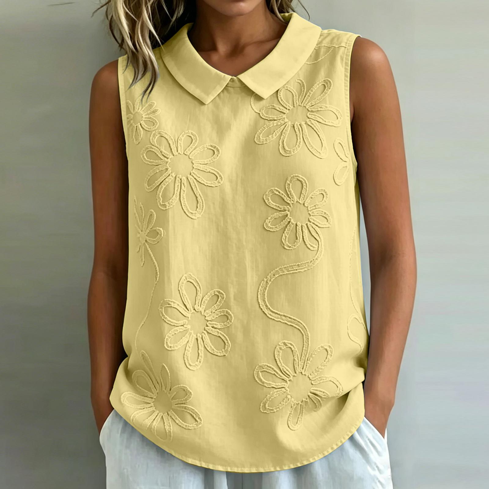 

Ladies Color Loose Casual Retro Vest Embroidered Floral Sleeveless Top XL жовтий
