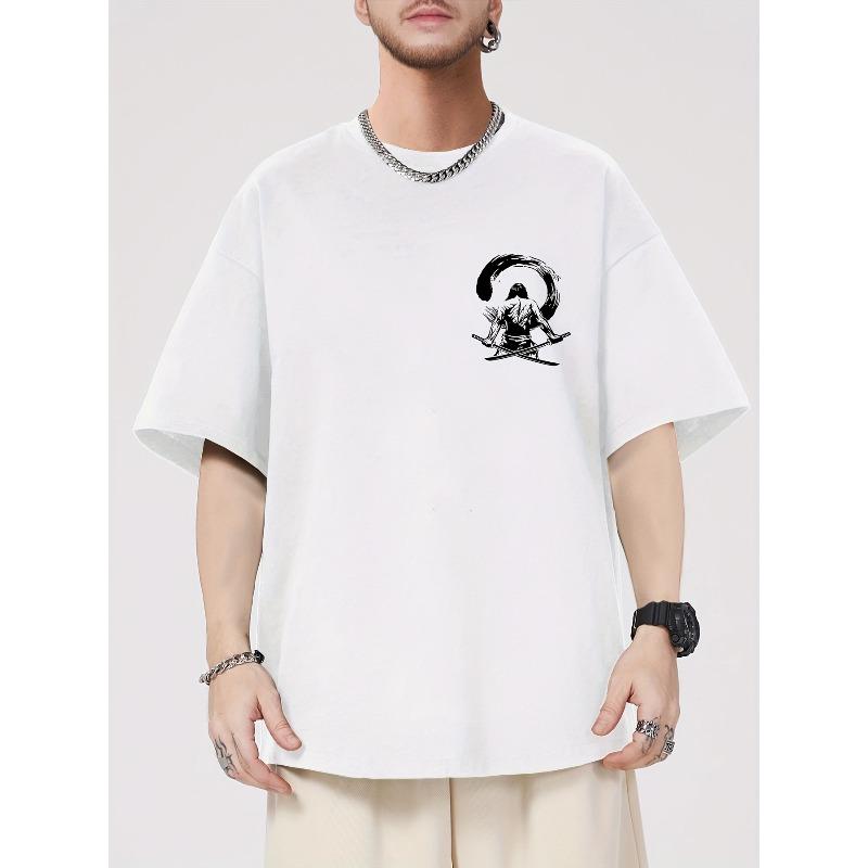 European Size Men'S Trendy Casual T-Shirt Featuring a Dark-Themed Japanese Samurai Sword Print, Breathable Short-Sleeve Top