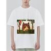 Crewneck T Shirt White Cat Forest Art Print with Russian Text Casual Streetwear Unisex Top for Everyday Wear