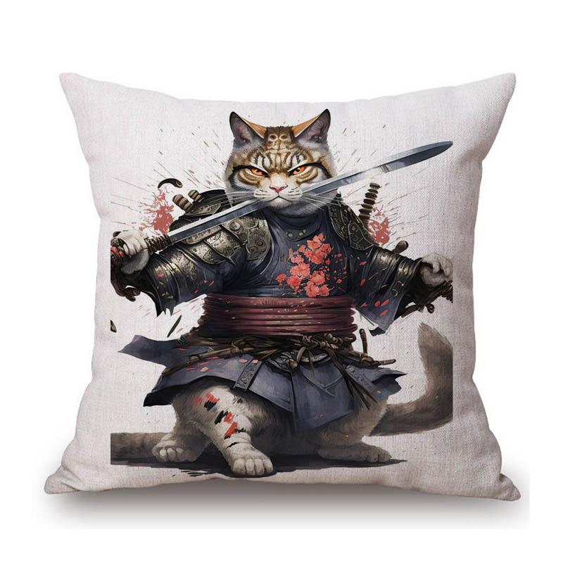 Funny Cute Cat Samurai Catoon Home Decorative Sofa Throw Pillow Case Cotton Linen Car Chair Cushion Cover