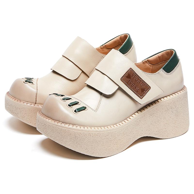 Fashion GKTINOO Retro Flat Platform Women Wedges Shoes Luxury 6cm Platform Shoes Thick Heels Genuine Leather Casual Hook & Loop Pumps