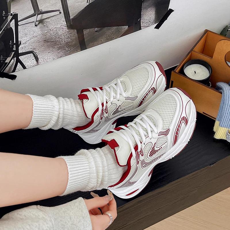 Spring and Autumn New Thick Sole Shallow Mouth Breathable Lace-up Match Color Sneakers Fashion Comfortable Casual Women's Shoes