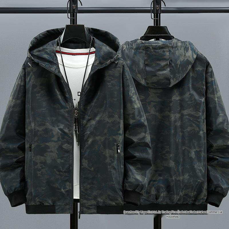 Herren Camouflage Kapuzen-Windbreaker im koreanischen Stil, Lockerer Schnitt, Große Größen, Frühjahrsmode.