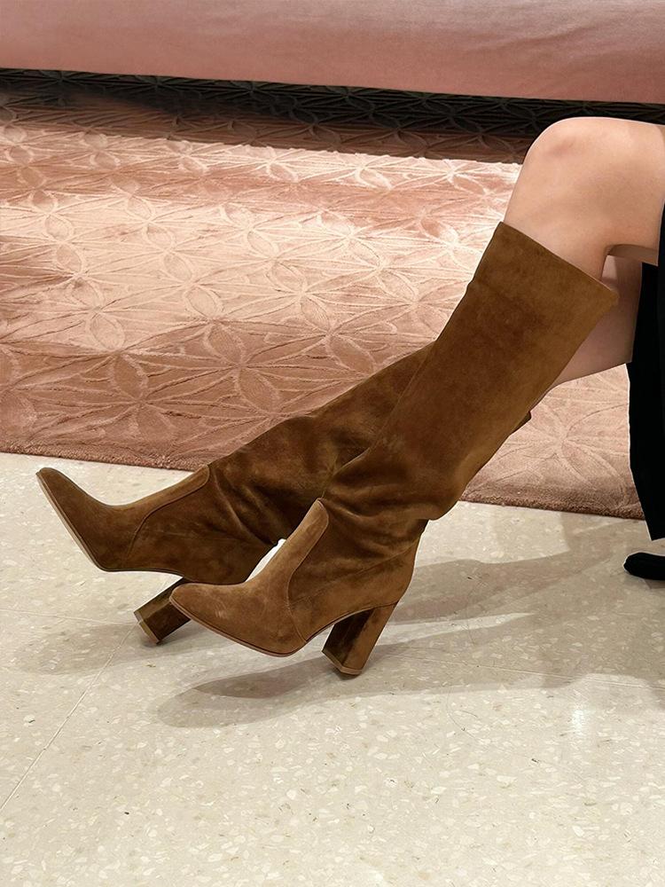 Retro Brown Suede Tall Tube Thick Heel Knight Boots Female European and American Spice Girls Big Tube Circumference Thin High Heel Boots