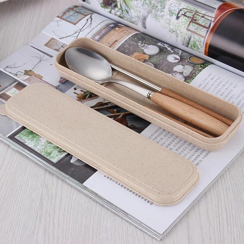 1set Creative Wooden Handle Stainless Steel Tableware and Portable Three Piece Set of Spoons Forks and Chopsticks with Box