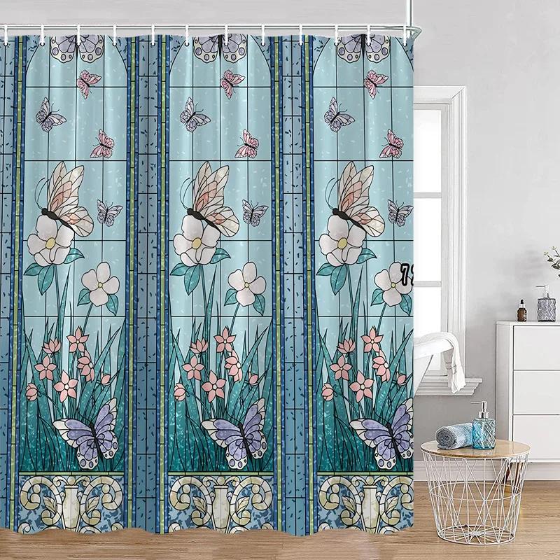 Luxury Gold White Floral Shower Curtain Rose Butterfly Cherry Blossom Modern Art Flower Polyester Fabric Bathroom Curtains Decor