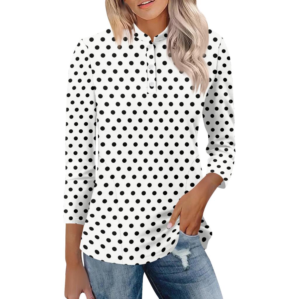 Damen Casual Poloshirt Lockerer Schnitt Dreiviertelarm Oberteil Knopfleiste Pünktchenmuster Leichter Bequemer Stoff