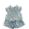 Children's Casual Denim Print Set Fashion Girls' Flared Sleeve Tops and Shorts Kids Floral Printed Two-piece Outfit