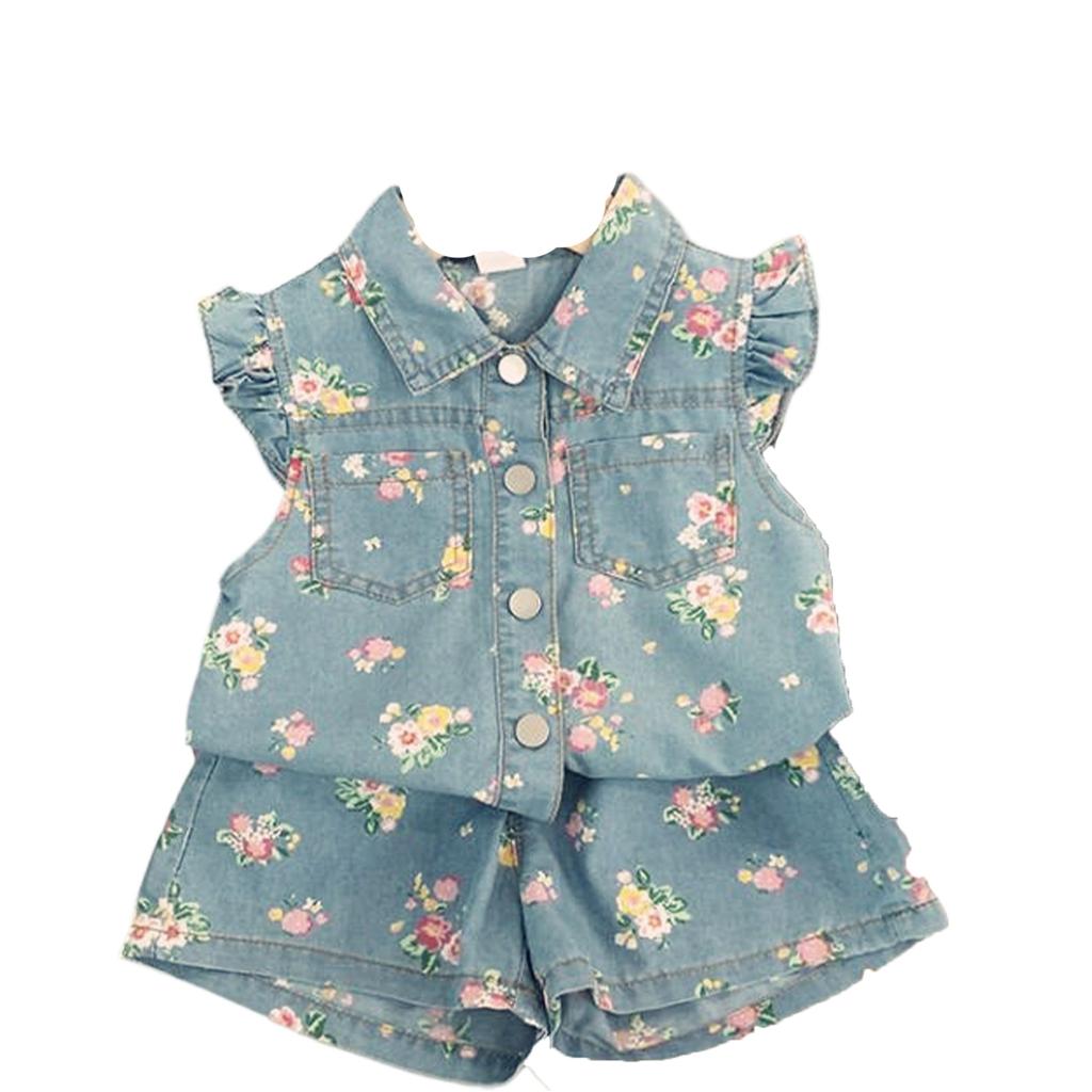 Children's Casual Denim Print Set Fashion Girls' Flared Sleeve Tops and Shorts Kids Floral Printed Two-piece Outfit