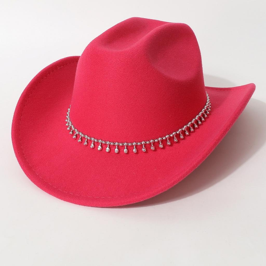 Women's Unisex Western Cowboy Hat with 3D Round Gems, Rhinestones, Rivets, and Chain Decorations, Wedding Party Hat