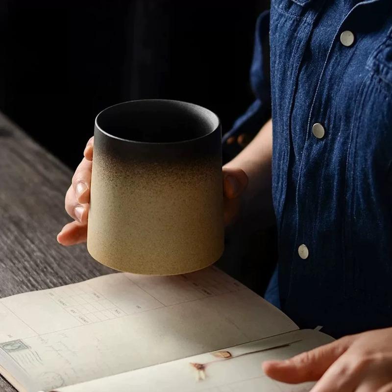 handmade ceramic cup, matte gradual change hand cup, Japanese retro literary straight mug Office Coffee Cup