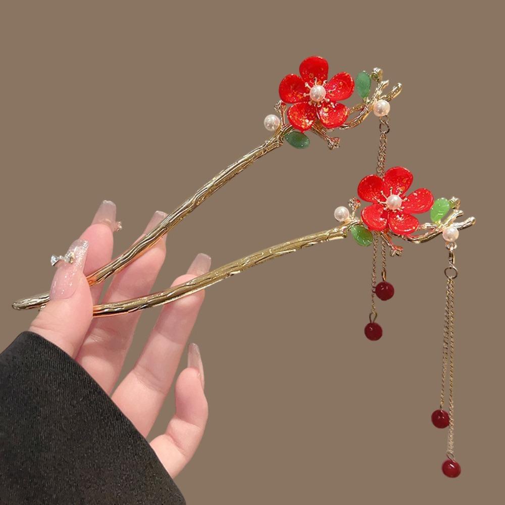 1pc Chinese- Plum Blossom Hair Stick Red Flower Branch Design Perfect Hanfu Traditional Elegant Exquisite Vintage Accessory