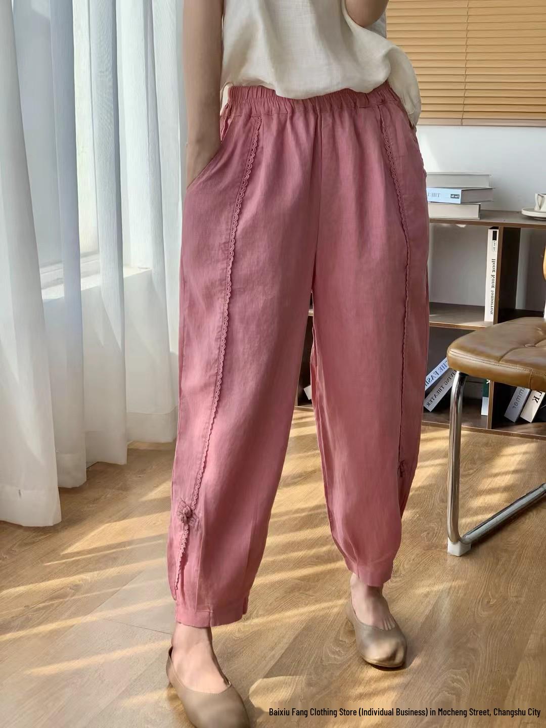 Women s Retro Solid Color Linen Elastic Waist Harem Pants - 2025 Autumn Collection, Slimming Loose Fit Carrot Trousers One Size