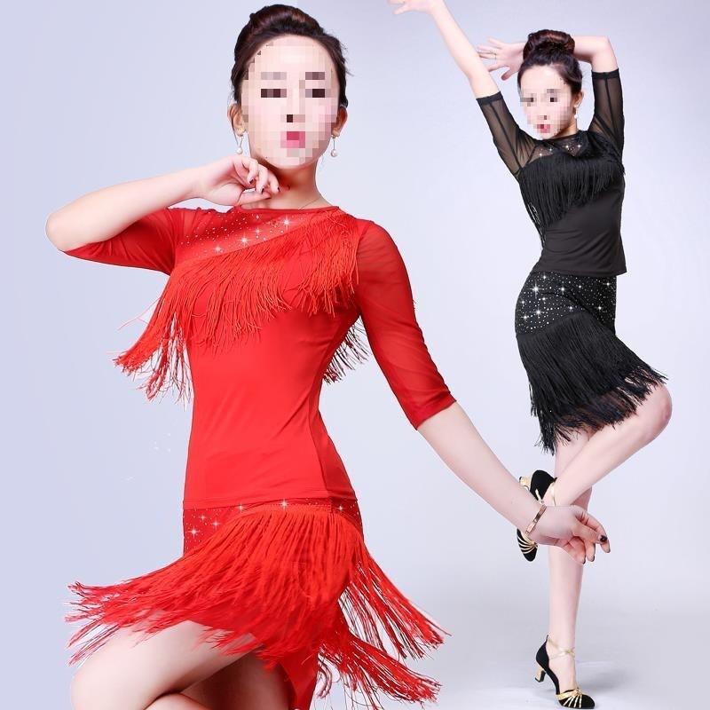 Womens Latin Dance Performance Outfit With Fringe Top Sequin Skirt Salsa Cha Stage Show