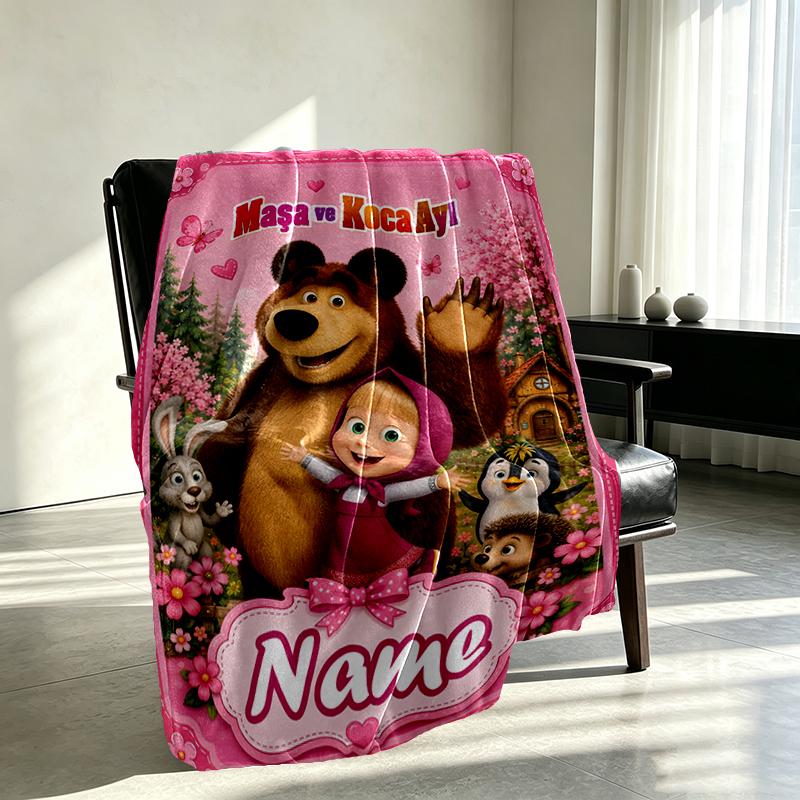 Custom Name Personalized Masha and The Bear Print Blankets, Home Decor, Bedroom, Sofa, Camping, Couch, Gifts for Birthday Christmas