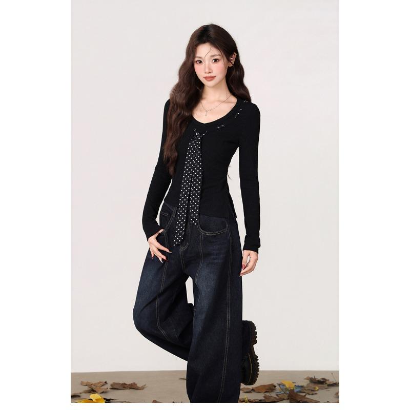 Women's Autumn and Winter Black Long-sleeved Sweater Polka-dot Tie Decoration Slim Fit T-shirt
