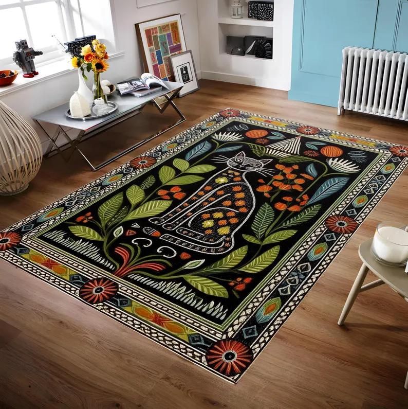 Dark Black Cat Carpet Vintage Floral Animals Print Home Decor Multiple Sizes Non-Slip Mat for Hallway Bedroom Living Room