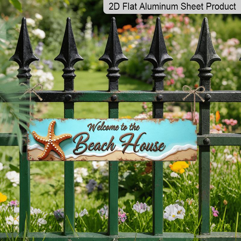 2D Flat, Stylized "Welcome To The Beach House" Metal Sign - Ocean Theme Wall Decor with Starfish and Shells Alumium Decorative Sign, Vintage Style