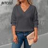 Women's Fashion Casual Solid Color Print V-Neck Long Sleeve Blouses & Shirts