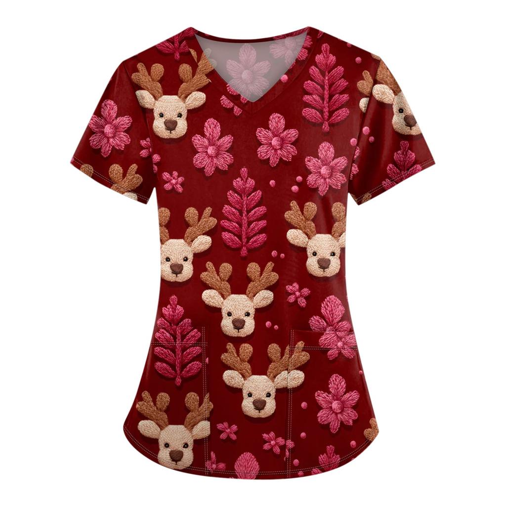 Women's Christmas Printing Short Sleeve V-neck Tops Working Pocket Blouse