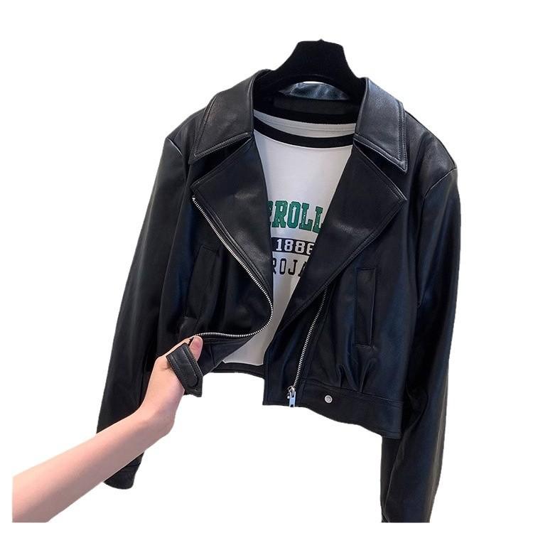 Short Leather Jacket Women's Spring and Autumn Fashion Thin Leather Temperament Lapel PU Leather Thin All-match Jacket