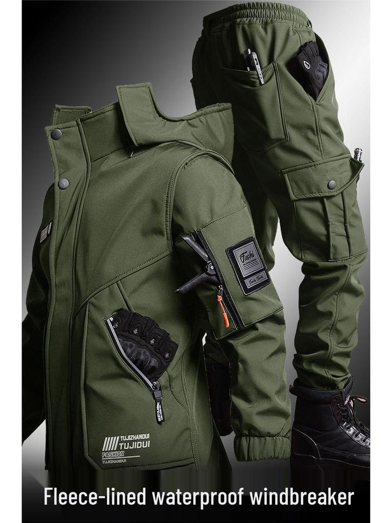Herr 2024 Grön Taktisk Softshelljacka - Vinter Slitstark Militär Arbetskläder Set