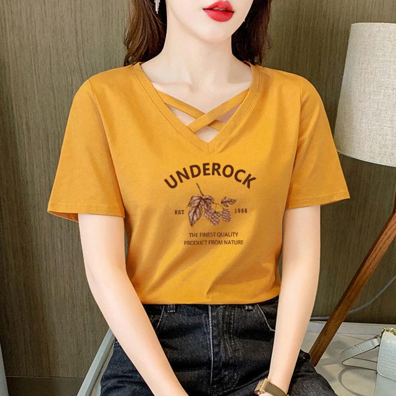 Women's 100% Pure Cotton Crossover V-Neck Short Sleeve T-Shirt - 2024 Korean Casual Summer Fashion Trend