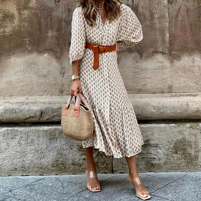 Women Fashion Belt Printed V-neck Simple Temperament Long Dress S