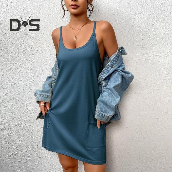 Damen Nachthemd Ärmelloses Chemise Pyjamakleid Spaghettiträger Racerback Tankkleid mit Taschen Sommer Lockere Nachtwäsche