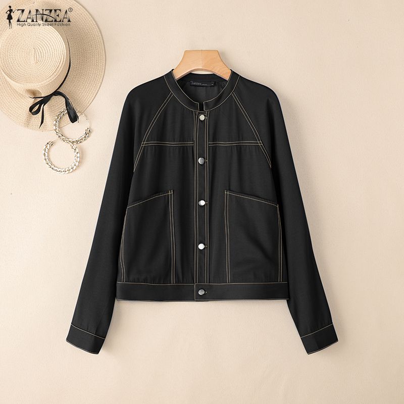 ZANZEA Dámská ležérní jednobarevná halenka s kulatým výstřihem s dlouhým rukávem