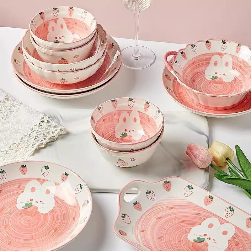 Ceramic Rice Bowl Home Eating Bowl Strawberry Rabbit Small Bowl Plate 5 Inch Tableware Cute Salad