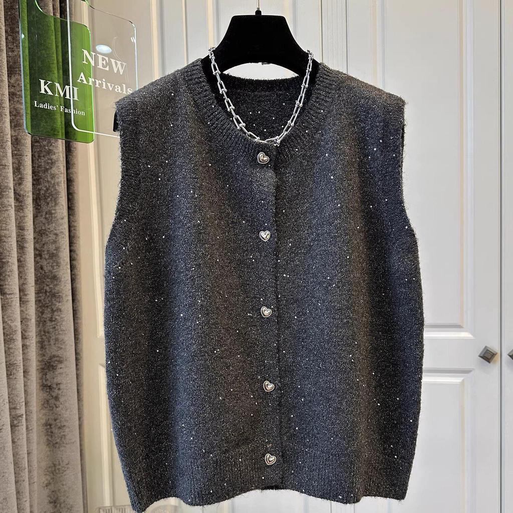 Chic Sequin Sleeveless Knitted Cardigan for Women - Loose Plus Size Layering Top for Spring/Autumn