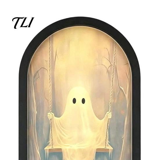 Lighted Wall Decor Light Up Ghost Mirror, Arched Wooden Frame Ghost/Grim Reaper Halloween Creepy Desktop Mirror Soft Ambient Decorative for
