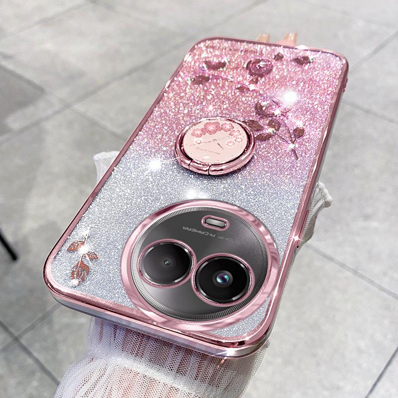 

KADEM For Realme 11 5G (Global)/11x 5G Case Rhinestone Flower Finger Ring Kickstand TPU Phone Cover Rose Gold