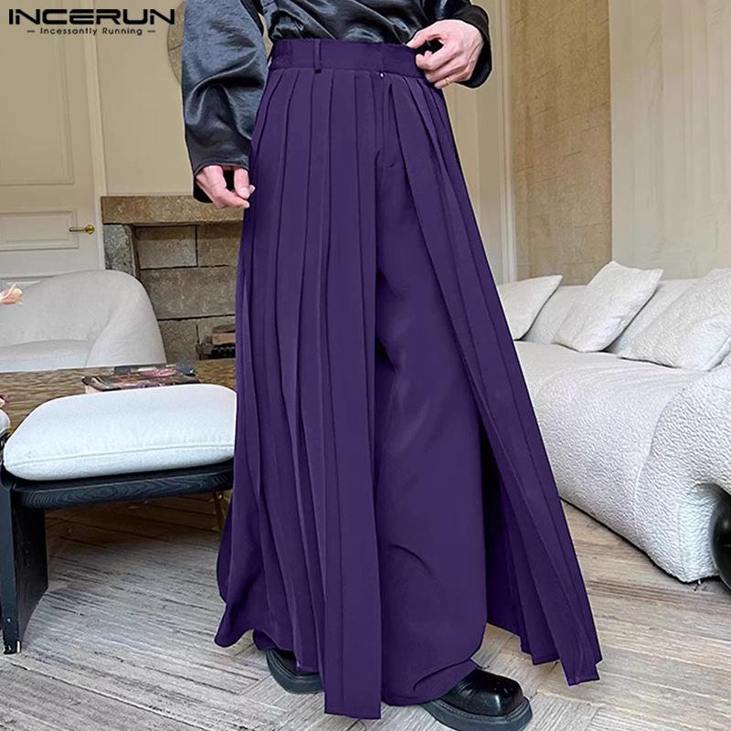 INCERUN Men Solid Color Zipper Waist Pleated Layers Casual Wide Legs Pants Trousers