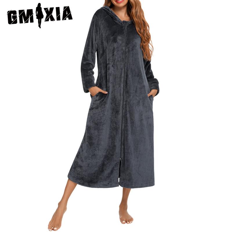 

GMXIA Long Sleeve Autumn and Winter Flannel Robe Cardigan Hooded Zipper Robe Pajamas XXL рожевий