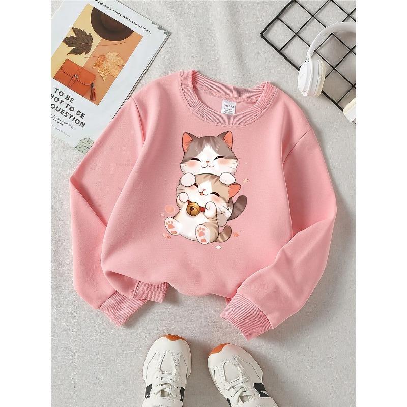 European sizes Cute Cats Stacked Together Girls' Fashionable Crewneck Sweatshirt, Western Top, Children's Long Sleeved Casual T-Shirt