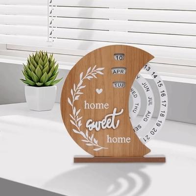 Moon Manual Rotating Desk Calendar Reusable Rotatable Desk Ornament Wooden Perpetual Calendar  Room