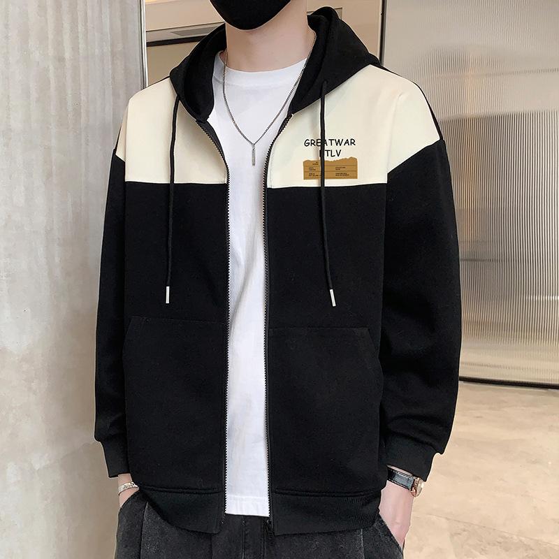 Hooded Cardigan Sweater Jacket Men's Autumn American Loose Top Clothes Men's Color Matching Casual Jacket
