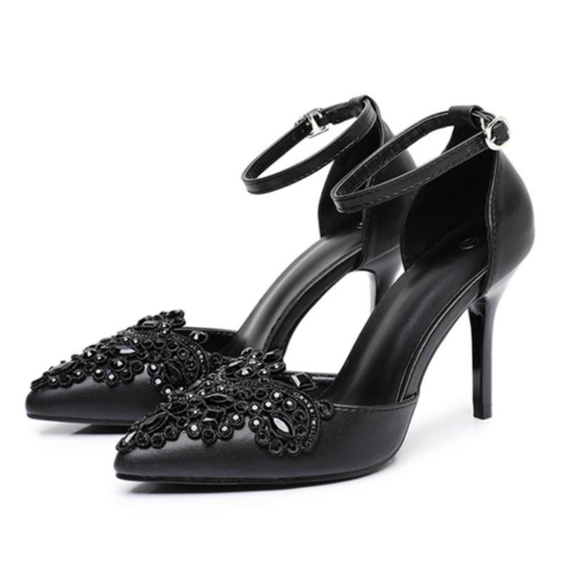 

Luxury Rhinestone Decoration High Heels Women Elegant Ankle Strap Pointed Toe Heeled Sandals Sexy Hollow Wedding Bride Shoes 36 чёрный