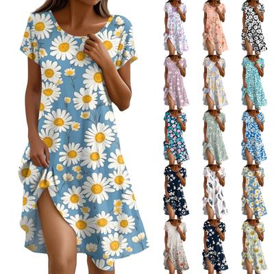 Short Sleeve Boho Dress For Women Casual Loose Fit Summer Sundress Floral Print Dress With Pockets