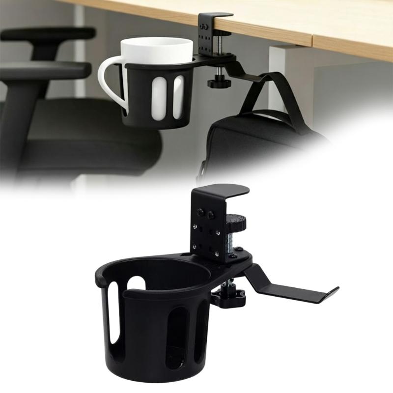 Desk Cup Holder With Side Hook, Clamp Mount for Keeping Drinks Beside Home Desk, Office Desk or Study Desk During Daily Desk Tasks